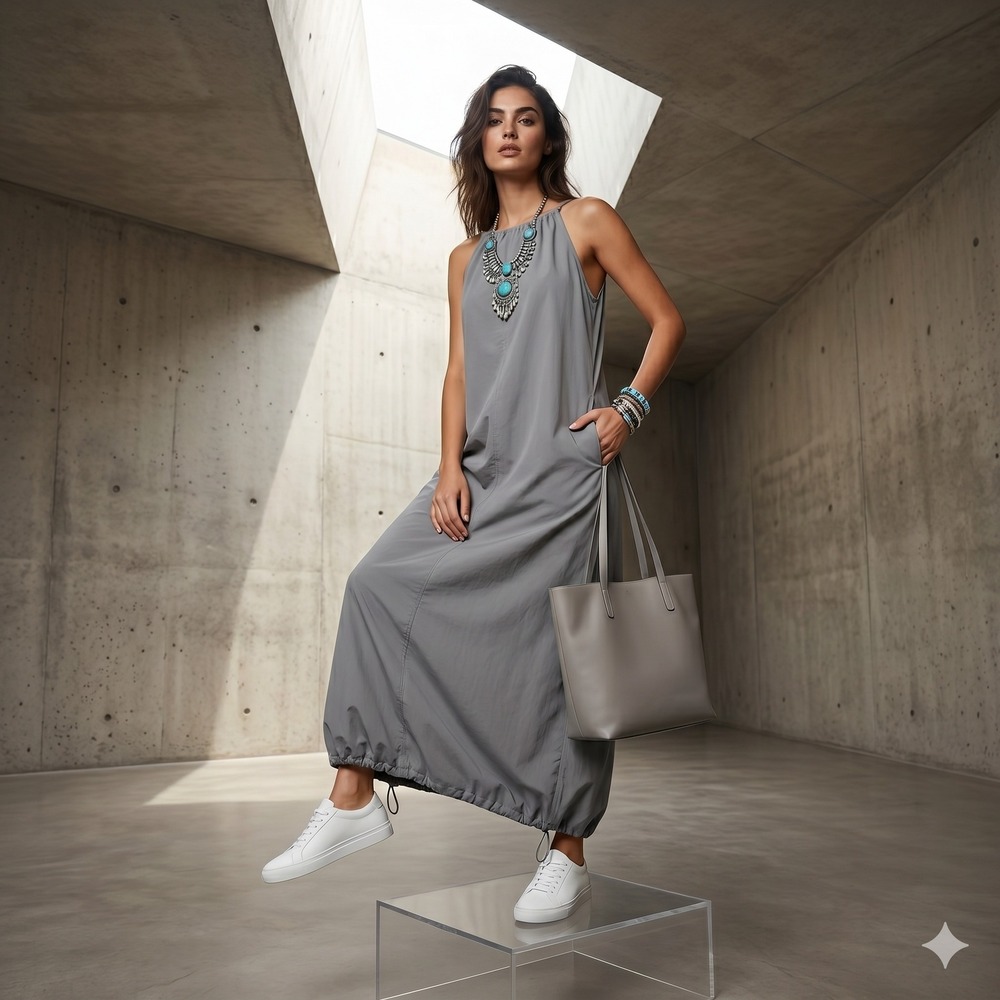 ZARA Grey Parachute Maxi Dress Halter Low Back Adjustable Bubble Hem Large - Picture 3 of 8